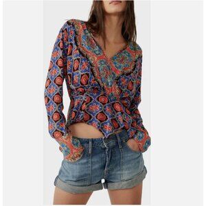 Free People Falling For You Peplum Top XS Faux Wrap Floral Long Sleeve Blue Boho